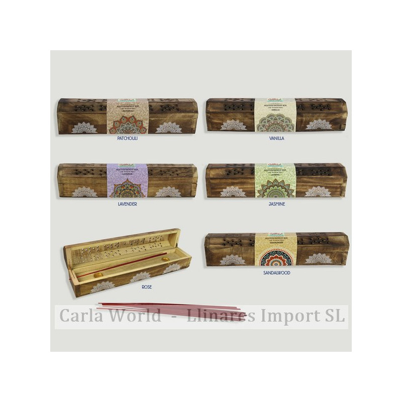 PARFUMS CARLA. Ensemble porte-encens coffre en bois et 10 bâtons. 31x6x7cm PARFUMS CARLA. Ensemble porte-encens coffre en bois et 10 bâtons. 31x6x7cm