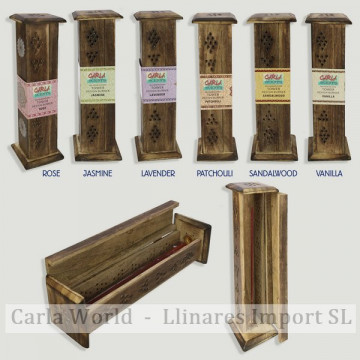 CARLA SCENTS. Set porta incienso torre madera y 10 baritas. 8x8x31cm