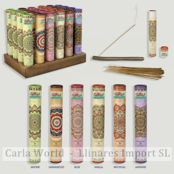 CARLA SCENTS. Tubo set inciensos y porta incienso madera. Presentación 36x24x29cm