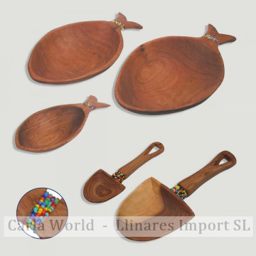 Set/3 Bowls Madeira/Bolinhas com Colheres Peixe