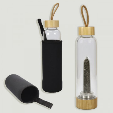 Bamboo stopper bottle. Pyrite chip. 25x6cm.