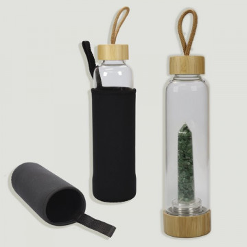 Bamboo stopper bottle. Green Aventurine Chip. 25x6cm.