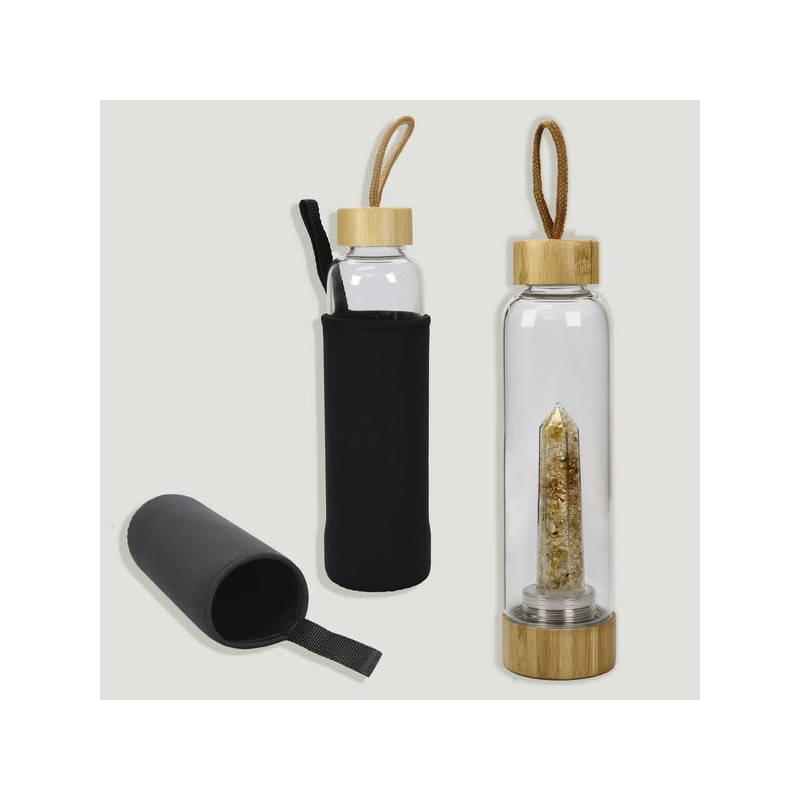Bamboo stopper bottle. Citrine Quartz Chip. 25x6cm. Bamboo stopper bottle. Citrine Quartz Chip. 25x6cm.