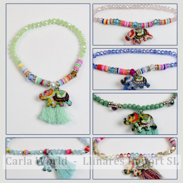 Gancho 17 - Pulsera elástica con pompón. Modelo elefante. Colores surtidos.