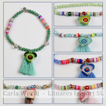 Gancho 18 - Pulsera elástica con pompón. Modelo corazón. Colores surtidos.