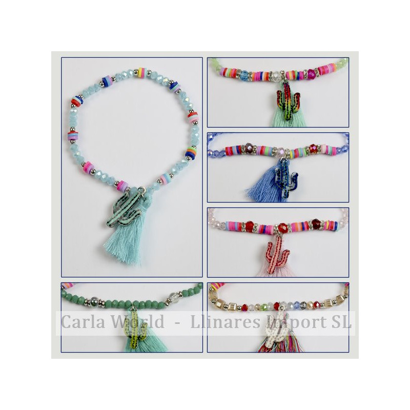 Crochet 26 - Bracelet élastique avec pompon. Modèle de cactus. Couleurs assorties Crochet 26 - Bracelet élastique avec pompon. Modèle de cactus. Couleurs assorties