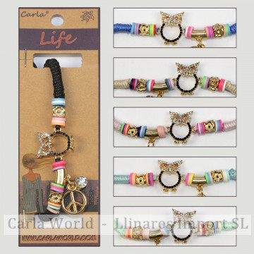 Gancho 41 – Pulsera borla modelo búho con cordón. Colores surtidos.