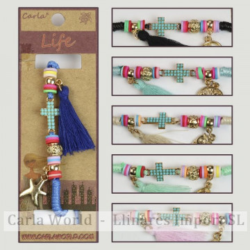 Gancho 47 – Pulsera borla modelo cruz con cordón. Colores surtidos.