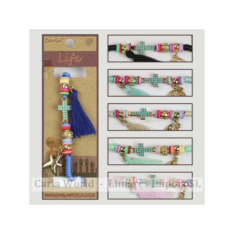 Hook 47 - Tassel bracelet, cross model with cord. Assorted colors. Hook 47 - Tassel bracelet, cross model with cord. Assorted colors.