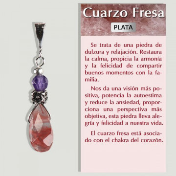 QUARTZ FRAISE et AMETHYSTE. Pendentif en ARGENT. Modèle mini déchirure.