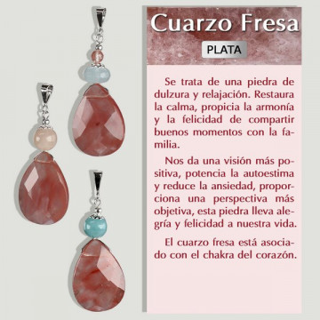 QUARTZ FRAISE et minéraux assortis. Pendentif en ARGENT. Grand modèle de déchirure.