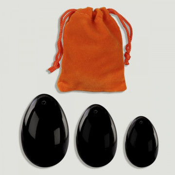 Set 3 Huevos YONI con agujero. Obsidiana. 3-4-4,5cm. 