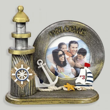 Porte-photo nautique en bois avec phare gris-or. 21x19cm (photo 9.5cm)