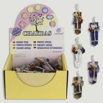 CHAKRAS. Silverplated mineral point pendant with chip tree. Assorted minerals.