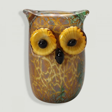 Hibou de cristal. Marron, jaune et ver. 8x8x13cm.