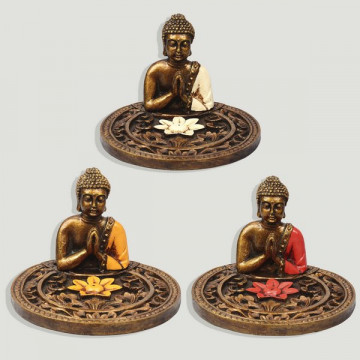 Buddha incense holder and resin lotus flower. Assorted colors. 15.5x11cm.