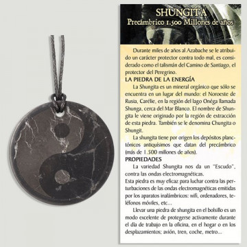 SHUNGITE. CARVED round plate pendant. YIN YANG. 40mm with cord