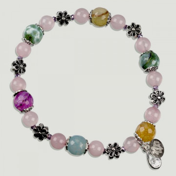 Pulsera AZAHAR Plata. Cuarzo rosa, Ágata fuego multicolor.