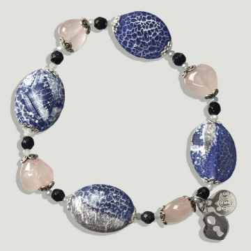 Pulseira de prata BRISA. Ágata de fogo azul e quartzo rosa.