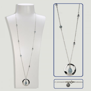 BRISA silver pendant. Aquamarine and circle. 90cm