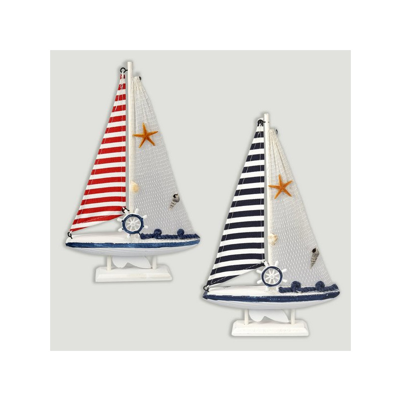 Velero madera con base. Rayas azules y rojas. 17X27cm. Velero madera con base. Rayas azules y rojas. 17X27cm.