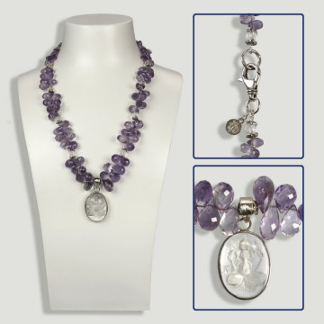 SILVER necklace. Amethyst and Crystal Rock. Pendant with carved Ganesha.