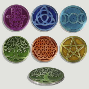 Suporte de incenso de alumínio placa Chakra 8cm. motivos variados