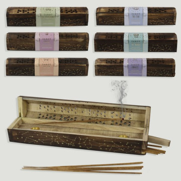 Wooden trunk incense holder + 10 sticks Tarot 31x6x7cm