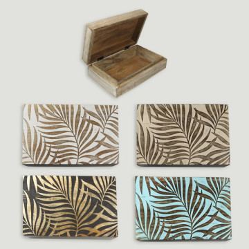 Carved wooden box Leaves 21x13.5x6 assorted colors