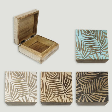 Caisse en bois Feuilles 18x18x8cm coloris assortis