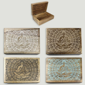 Caja madera tallada Buda 25x18x8cm colores surtidos