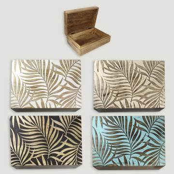 Coffret en bois sculpté Feuilles 25x18x8cm coloris assortis