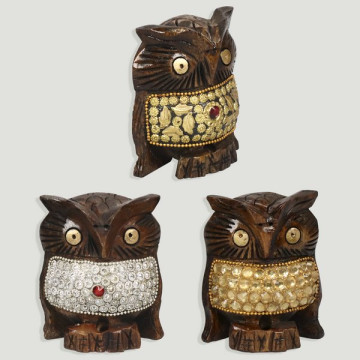 Wooden owl with sequins 6.5x8cm assorted models