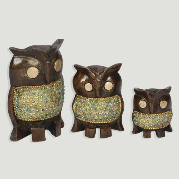 Set 3/Wooden owls with sequins 5,5/8/10cm