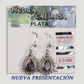 Pendientes PLATA. Amatista tallada. Forma lágrima. 