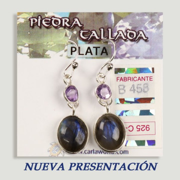 SILVER earrings. Labradorite + assorted faceted stone. cabochon shape