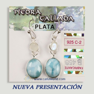 Boucles d'oreilles en argent. Larimar + pierre taillée assortie. forme de cabochon