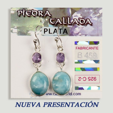 Boucles d'oreilles en argent. Larimar + pierre taillée assortie. forme de cabochon