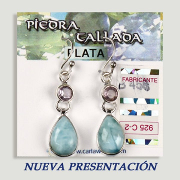 Boucles d'oreilles en argent. Larimar + pierre taillée assortie. forme de cabochon