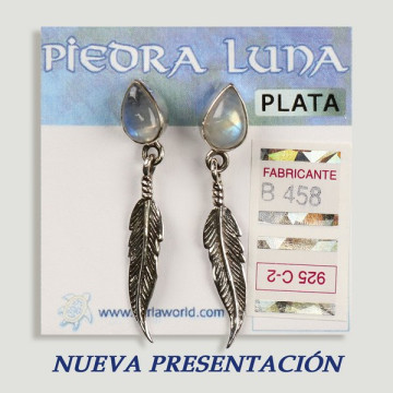 SILVER earrings. Moonstone with feather. cabochon shape