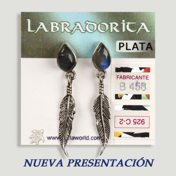 Pendientes PLATA. Labradorita con pluma. Forma cabujón