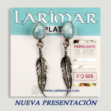 SILVER earrings. Larimar with feather. cabochon shape