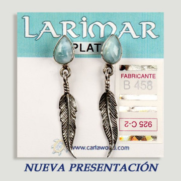 Pendientes PLATA. Larimar con pluma. Forma cabujón