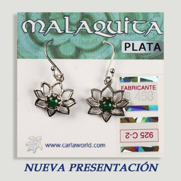 Brincos de prata. Malaquita. Flor com cabochão.