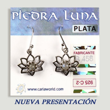 Pendientes PLATA. Piedra Luna. Flor con cabujón. 