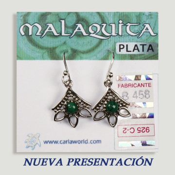 SILVER earrings. Malachite. 3 petals with cabochon.