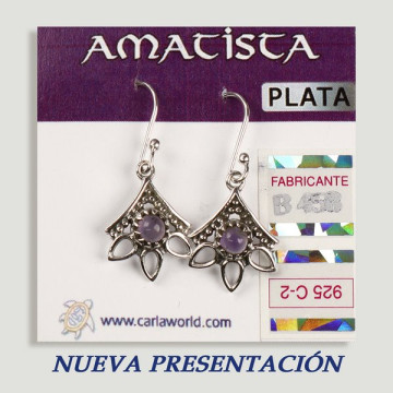 Pendientes PLATA. Amatista. 3 pétalos con cabujón. 