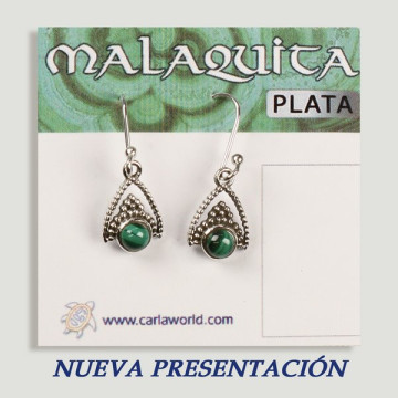 SILVER earrings. Malachite. Triangle with cabochon.