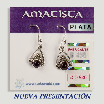 SILVER earrings. Amethyst. Triangle with cabochon.