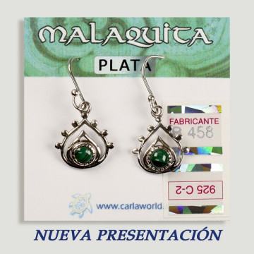 Brincos de prata. Malaquita. Lágrima com cabochão.